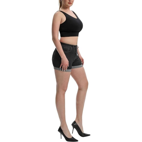 Grey High Waisted Summer Elastic Folded Hot Denim Hem Shorts for Women - Picture 4 of 5